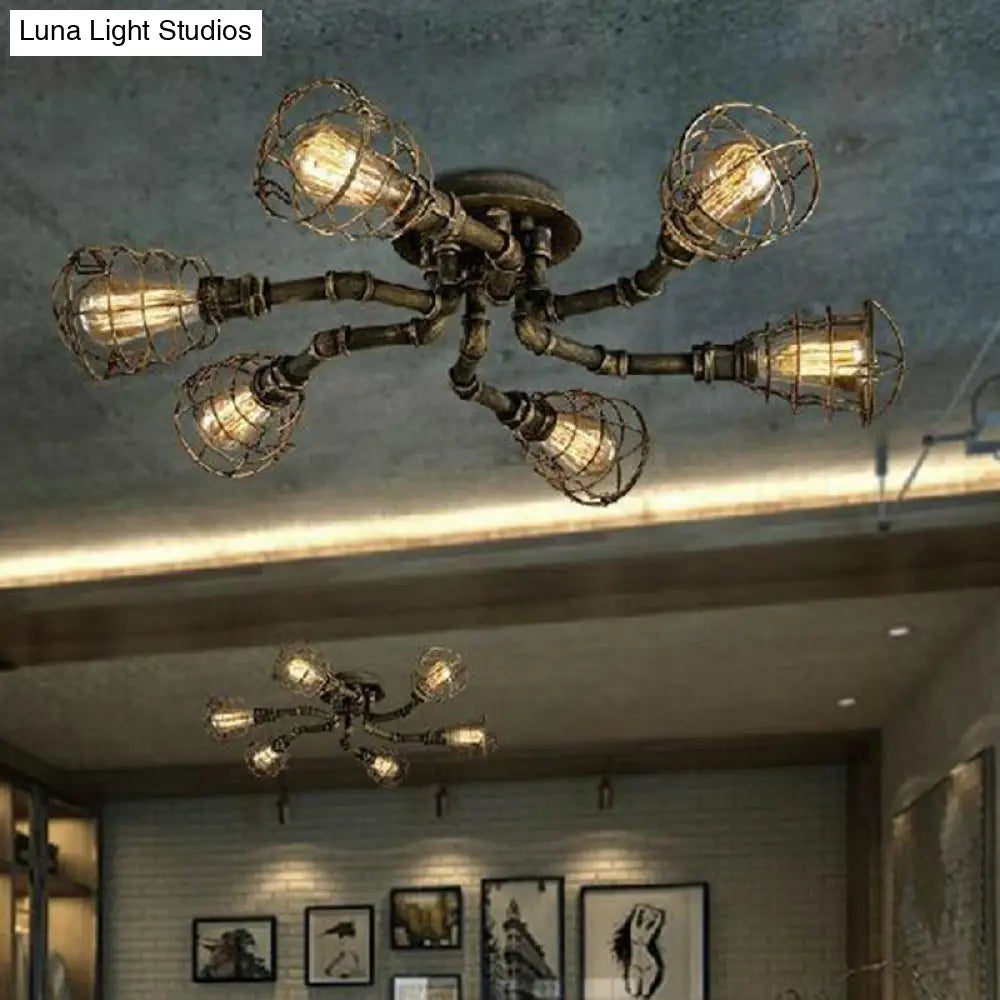 Black Industrial Cage Ceiling Light For Entryways - Semi Flush Mount 6 /