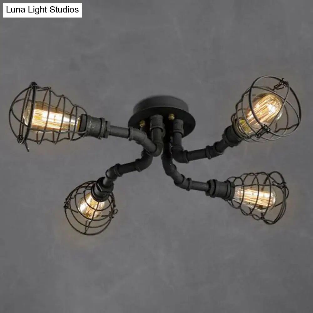 Black Industrial Cage Ceiling Light For Entryways - Semi Flush Mount 4 /