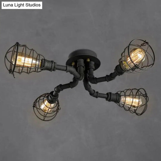 Black Industrial Cage Ceiling Light For Entryways - Semi Flush Mount 4 /