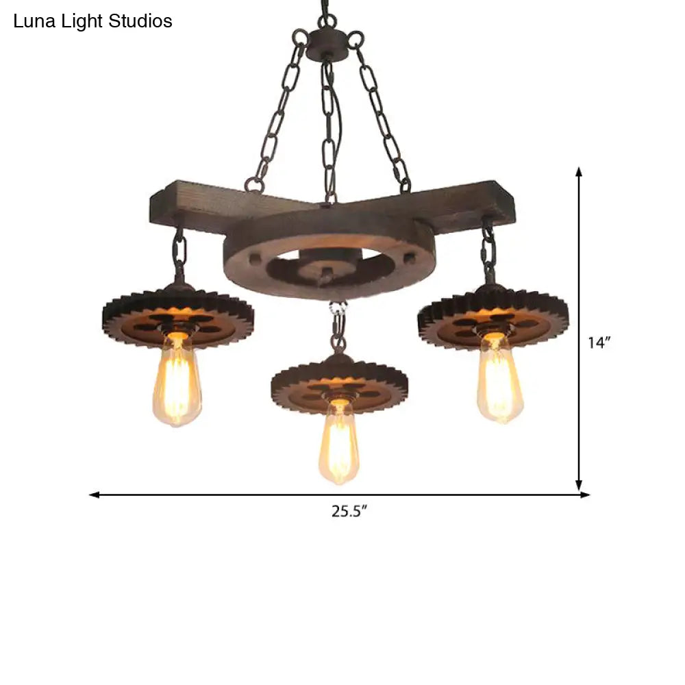 Industrial Black Chandelier With 3/7 Down Lights And Round Wood Shelf