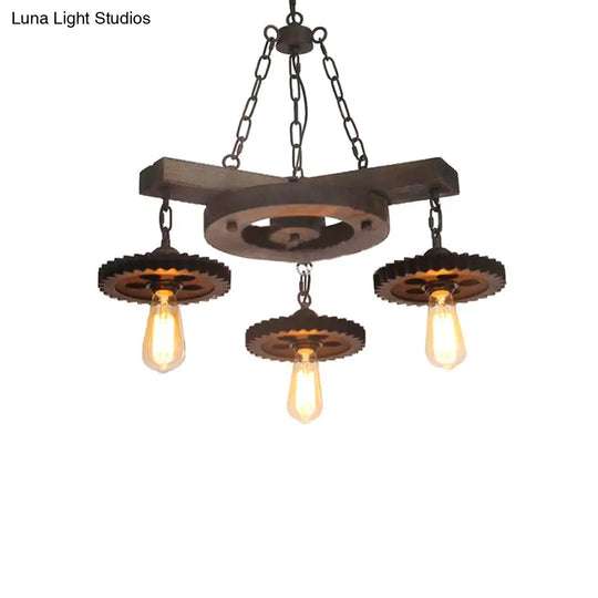 Black Industrial Chandelier: 3/7-Light Metal Gear Down Lighting With Wooden Shelf