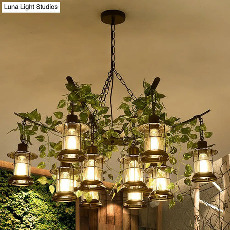 Black Industrial Lantern Chandelier With Green Vine Accents And Clear Glass Stylish Suspension Light