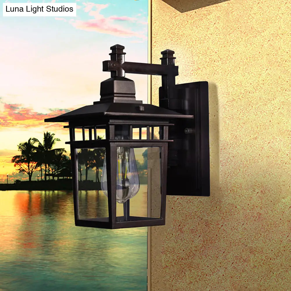 Black Industrial Lantern Wall Sconce - Clear Glass Hanging Light With Single Bulb For Porch