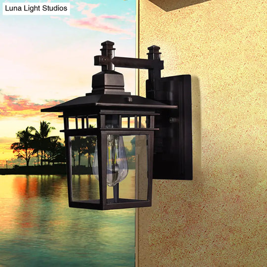Black Industrial Lantern Wall Sconce - Clear Glass Hanging Light With Single Bulb For Porch