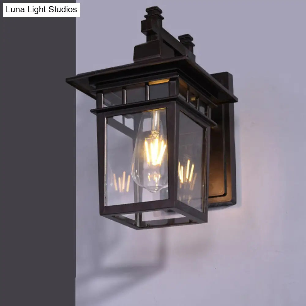 Black Industrial Lantern Wall Sconce - Clear Glass Hanging Light With Single Bulb For Porch