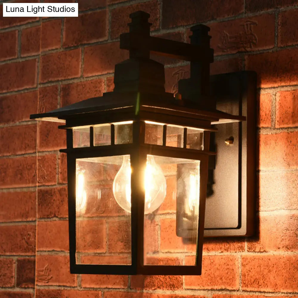 Black Industrial Lantern Wall Sconce - Clear Glass Hanging Light With Single Bulb For Porch