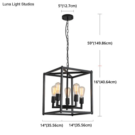 Black Industrial Retro Metal Diner Pendant Chandelier - Square Cage Hanging Lamp