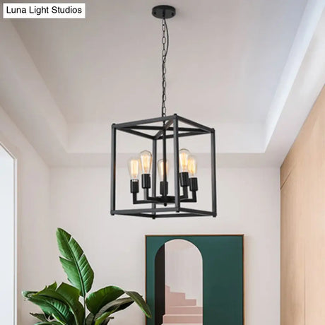 Black Industrial Retro Metal Diner Pendant Chandelier - Square Cage Hanging Lamp