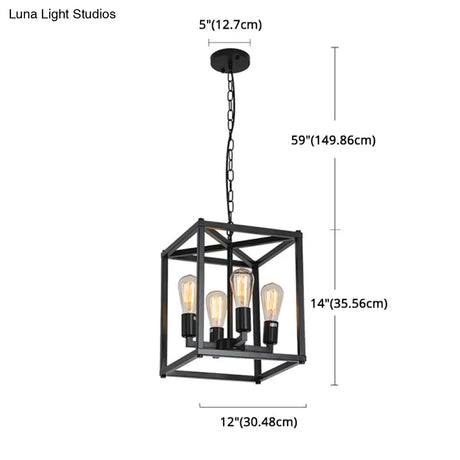 Black Industrial Retro Metal Diner Pendant Chandelier - Square Cage Hanging Lamp