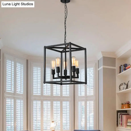 Black Industrial Retro Metal Diner Pendant Chandelier - Square Cage Hanging Lamp