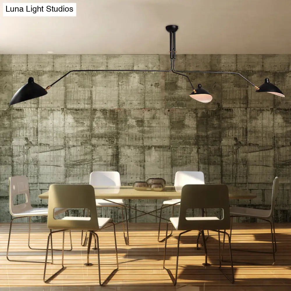Black Industrial Style Semi Flush Mount Chandelier - 3-Light Metallic Cone Shade Lighting