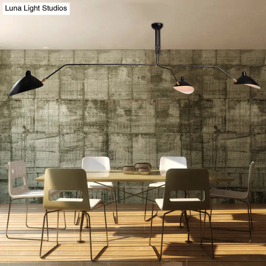 Black Industrial Style Semi Flush Mount Chandelier - 3-Light Metallic Cone Shade Lighting