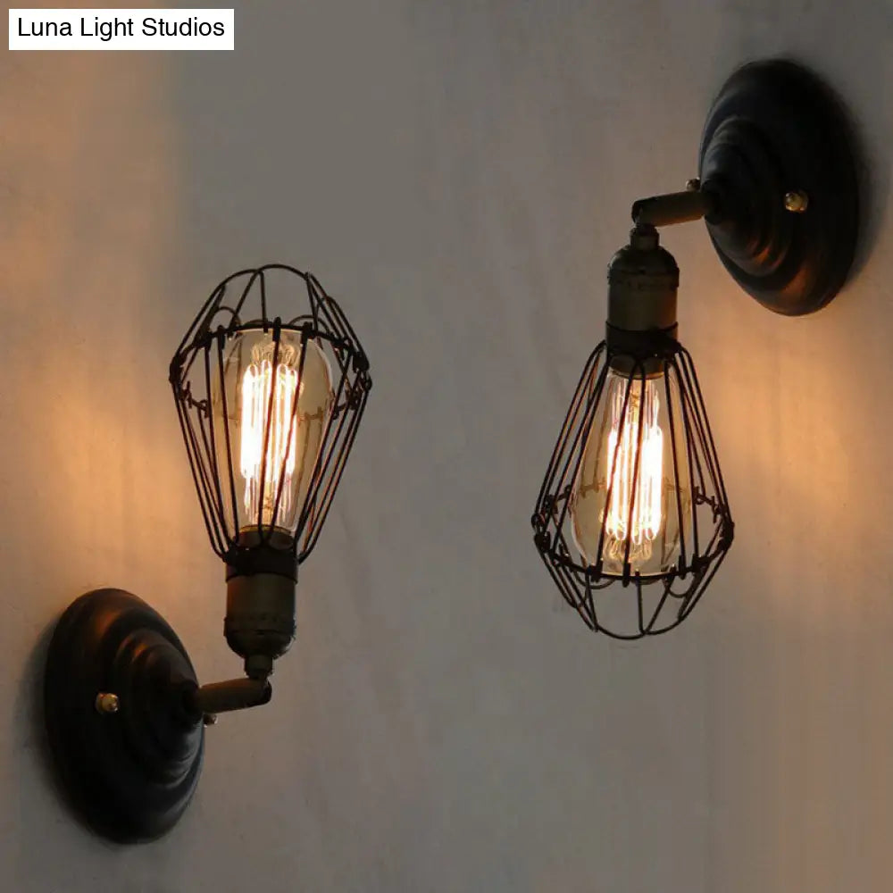 Black Industrial Wall Mount Iron Light Fixture With Single Pear Cage Bulb