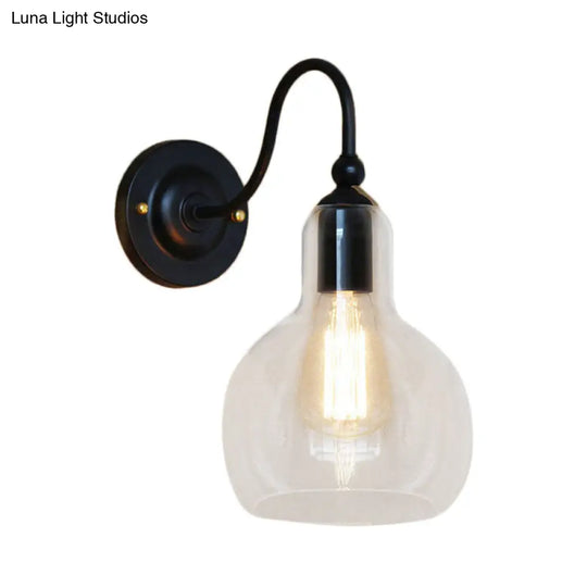 Black Industrial Wall Sconce With Clear Glass Gourd Shade - Single Bulb Corridor Lighting Fixture