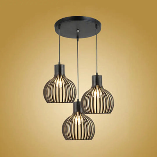 Black Iron 3-Light Onion Dining Room Pendant With Stylish Cage Shade For Loft - Hanging Light