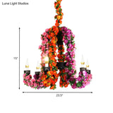 Black Iron 6-Head Candle Chandelier With Floral Decor - Suspended Warehouse Lighting Fixture