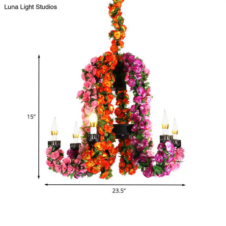 Black Iron 6-Head Candle Chandelier With Floral Decor - Suspended Warehouse Lighting Fixture