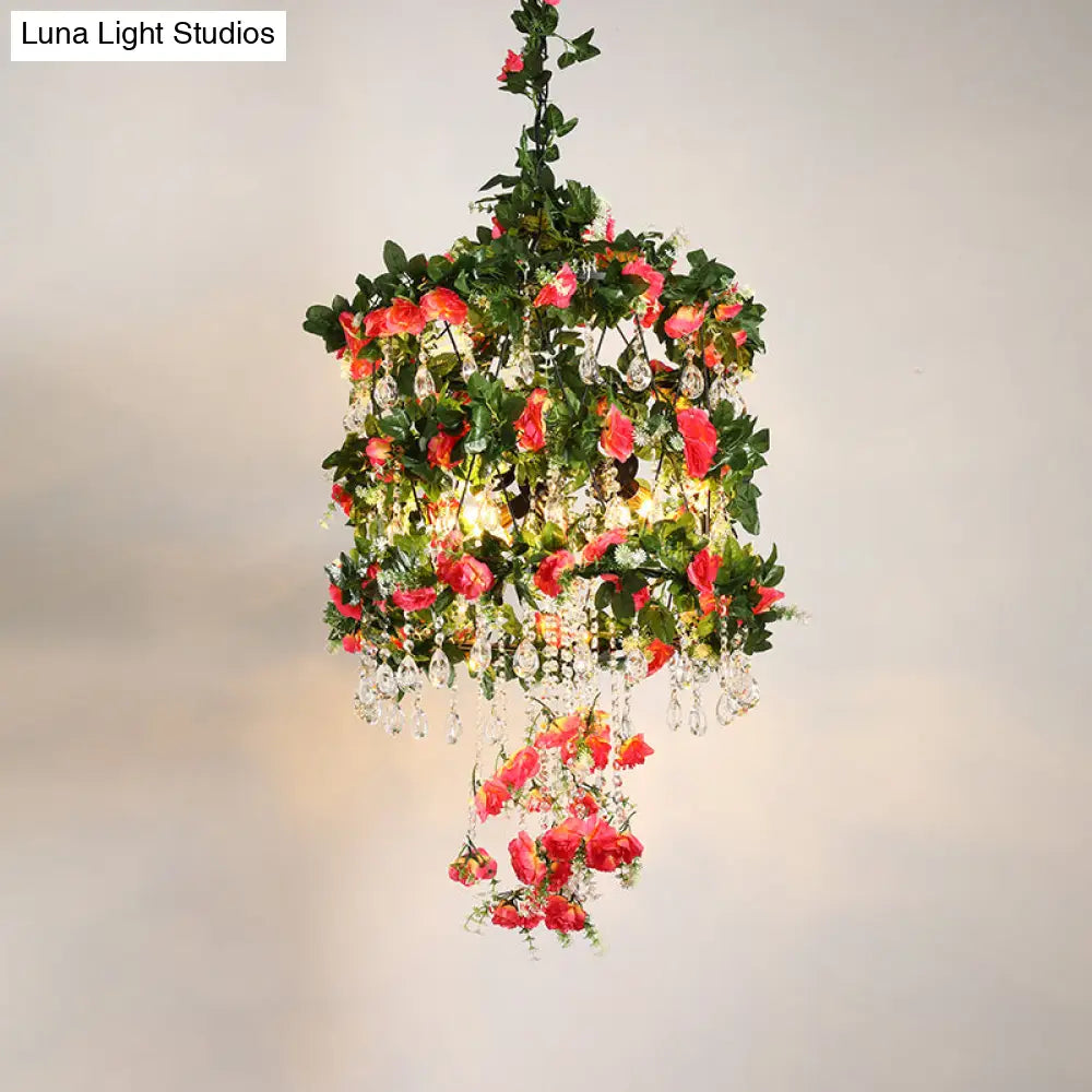 Black Iron Cage Chandelier With Crystal Accents For Farmhouse Style - 3 Heads Pendant Ceiling Light
