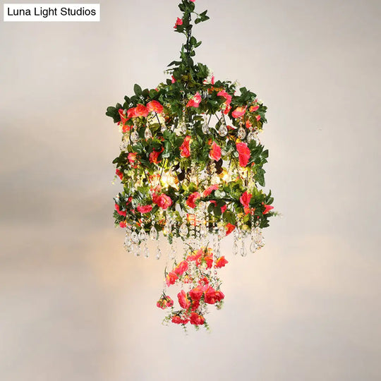 Black Iron Cage Chandelier With Crystal Accents For Farmhouse Style - 3 Heads Pendant Ceiling Light