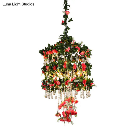 Farmhouse Pendant Light With Crystal Accent - Black Iron Cage Chandelier
