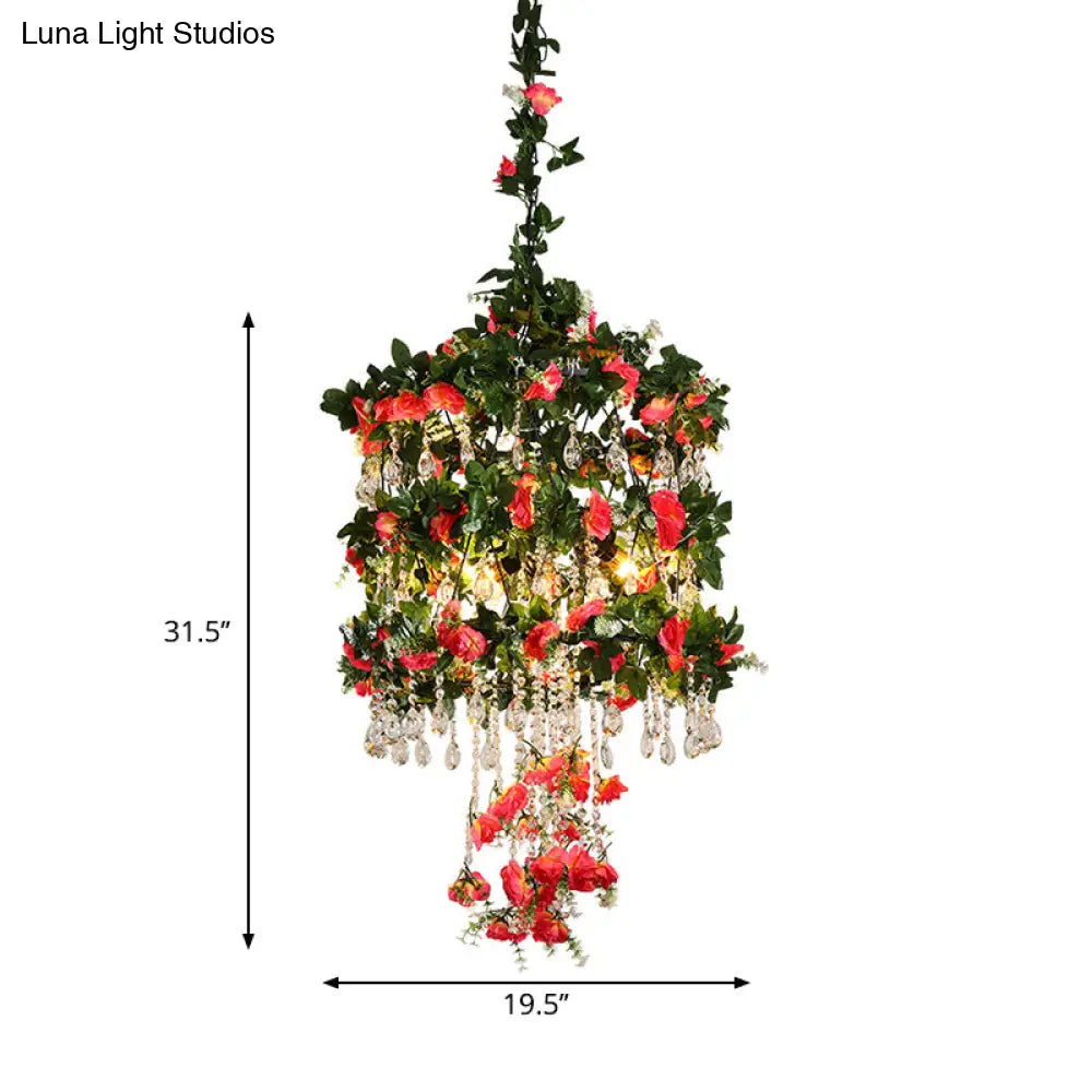 Black Iron Cage Chandelier With Crystal Accents For Farmhouse Style - 3 Heads Pendant Ceiling Light