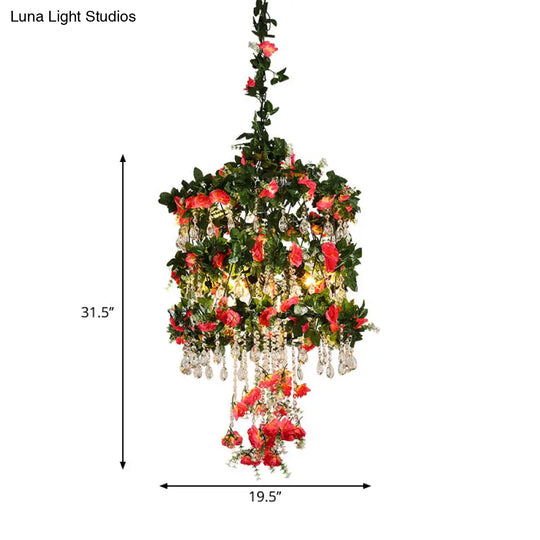 Black Iron Cage Chandelier With Crystal Accents For Farmhouse Style - 3 Heads Pendant Ceiling Light