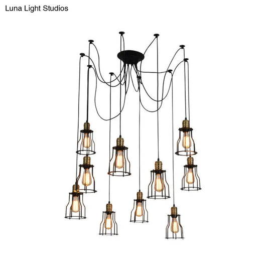 Industrial Black Caged Iron Ceiling Pendant Chandelier With 10 Bulbs - Perfect For Restaurants