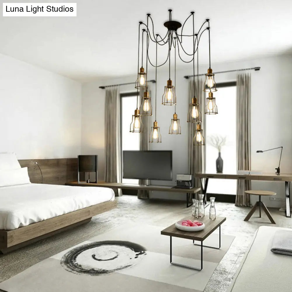 Industrial Black Caged Iron Ceiling Pendant Chandelier With 10 Bulbs - Perfect For Restaurants