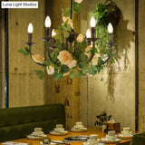 Black Iron Chandelier Lamp With 6 Rose-Decorated Heads