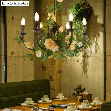 Black Iron Chandelier Lamp With 6 Rose-Decorated Heads