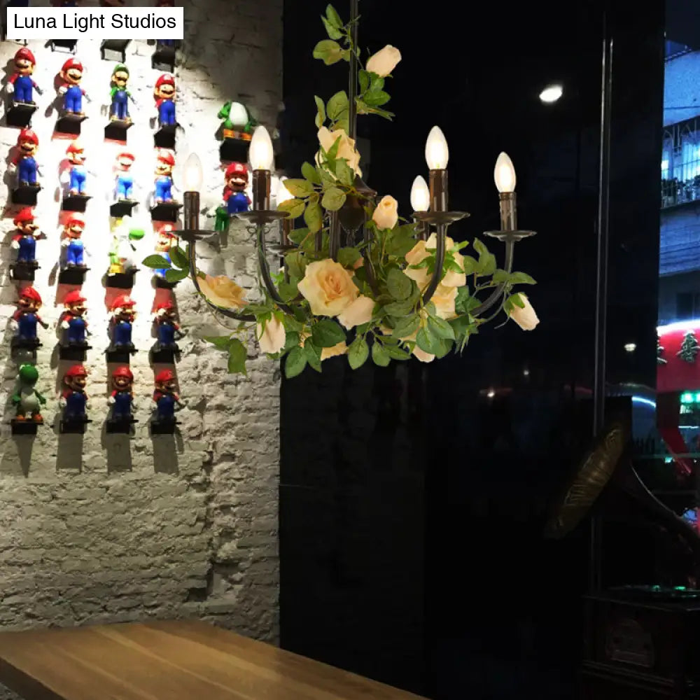 Black Iron Chandelier Lamp With 6 Rose-Decorated Heads