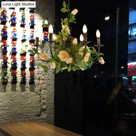 Black Iron Chandelier Lamp With 6 Rose-Decorated Heads