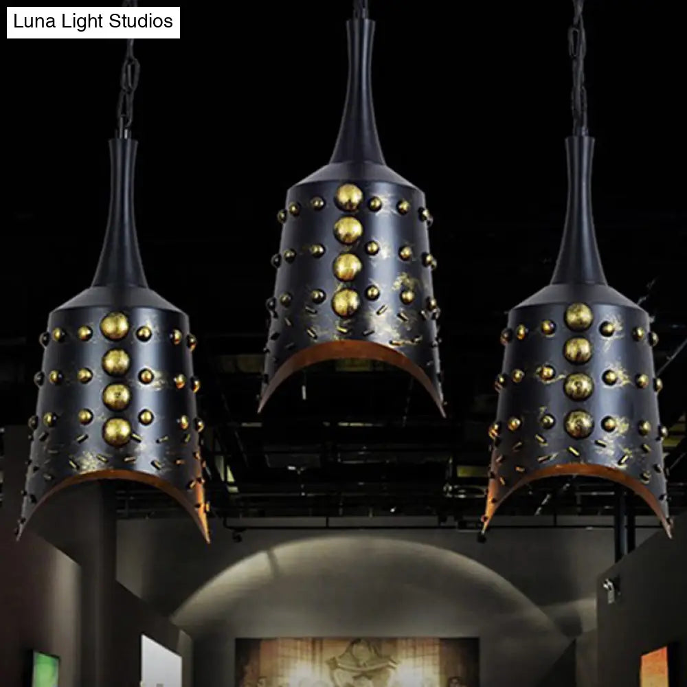 Black Iron Cone Pendant Light Set With 3 Hanging Ceiling Fixtures And Ruffle Edge For Kitchen