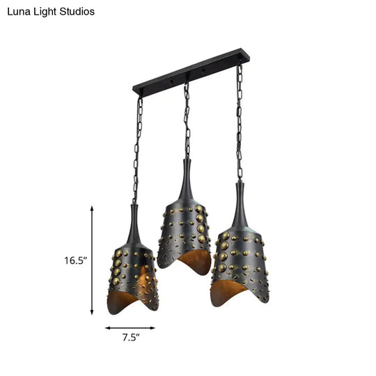 Black Iron Cone Pendant Light Set With 3 Hanging Ceiling Fixtures And Ruffle Edge For Kitchen