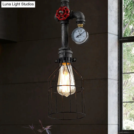 Black Iron Hanging Lamp With Wire Guard Gauge And Valve - Industrial Style