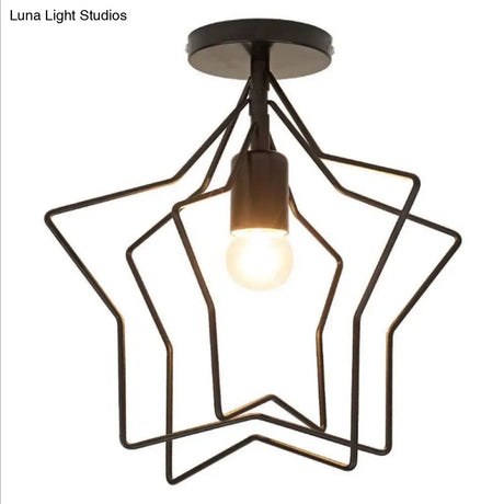 Black Iron Star Semi Flush Mount Ceiling Light For Living Room - Vintage 1-Light Fixture
