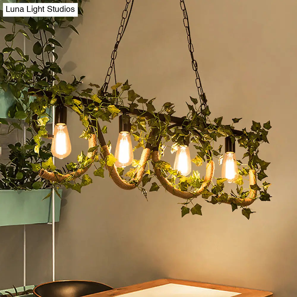 Black Metal 4-Light Linear Island Lamp With Hanging Artificial Plant - Lodge Style