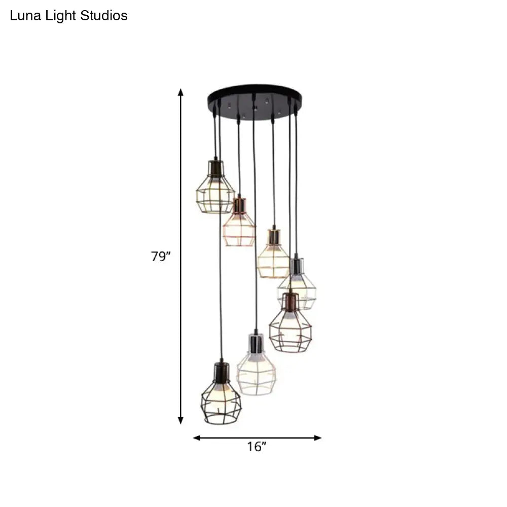 Black Metal 7-Light Pendant Chandelier With Globe Cages - Modern Stairs Ceiling Lamp
