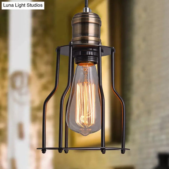 Black Metal Cage Single-Bulb Pendant Light For Warehouse Suspension