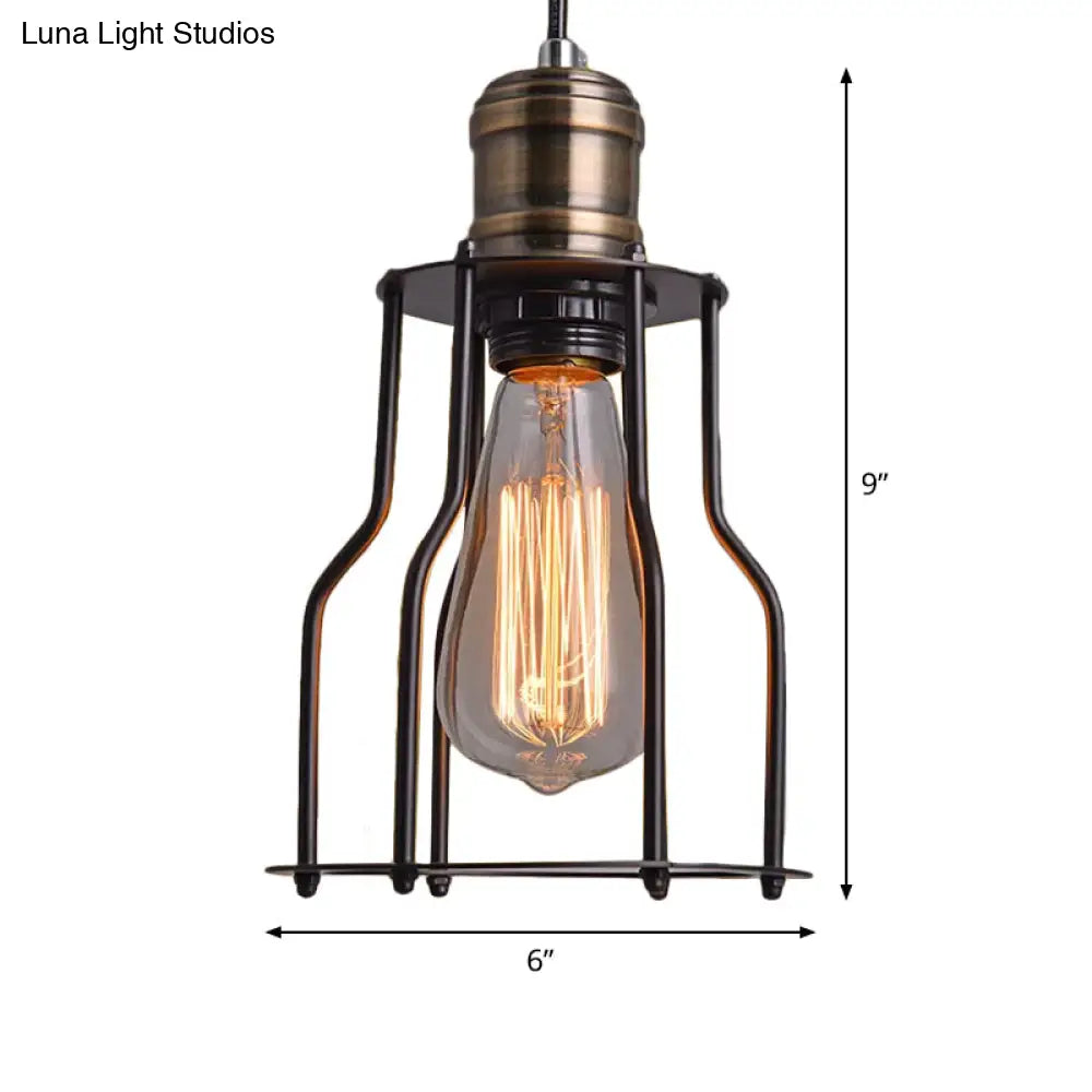 Black Metal Cage Single-Bulb Pendant Light For Warehouse Suspension
