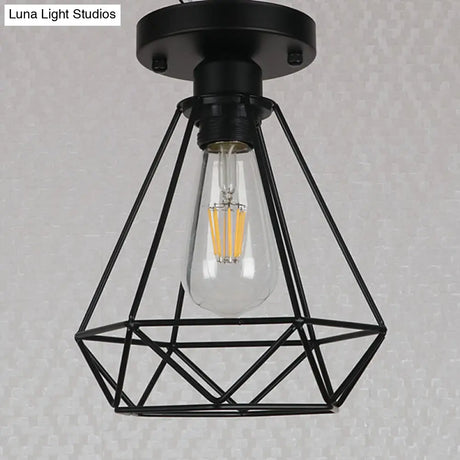 Black Metal Diamond Cage Pendant Light For Coffee Shop & Loft - Semi Flush Mount Chandelier