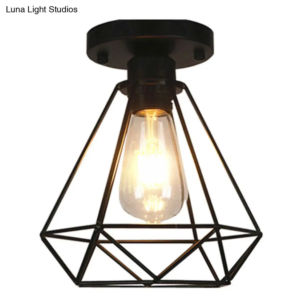 Black Metal Diamond Cage Pendant Light For Coffee Shop & Loft - Semi Flush Mount Chandelier
