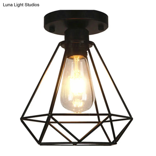 Black Metal Diamond Cage Pendant Light For Coffee Shop & Loft - Semi Flush Mount Chandelier
