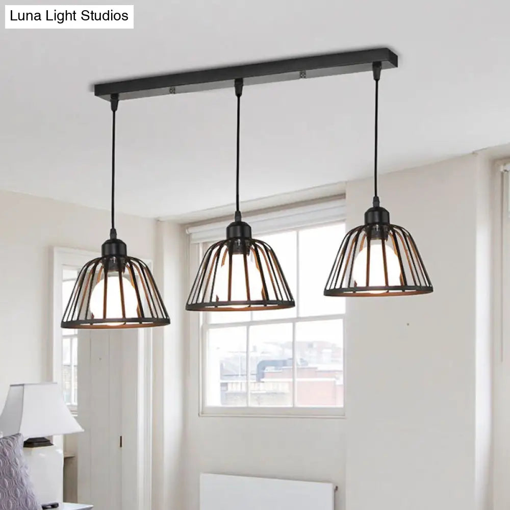 Black Metal Frame Dome Pendant With 3 Light Bulbs For Kitchen Ceiling