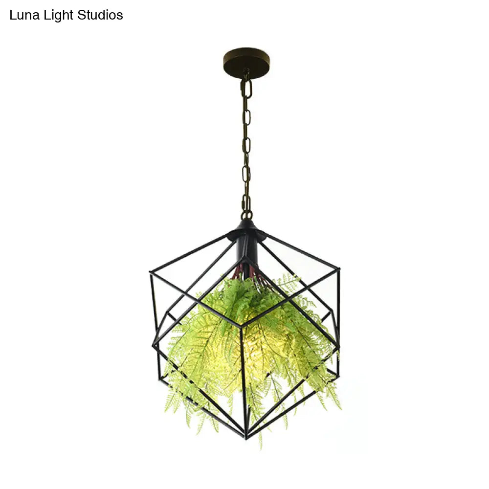 Geometric Plant Hanging Pendant In Black Metal With Led Bulb - 18/21.5 Width Perfect For Restaurants