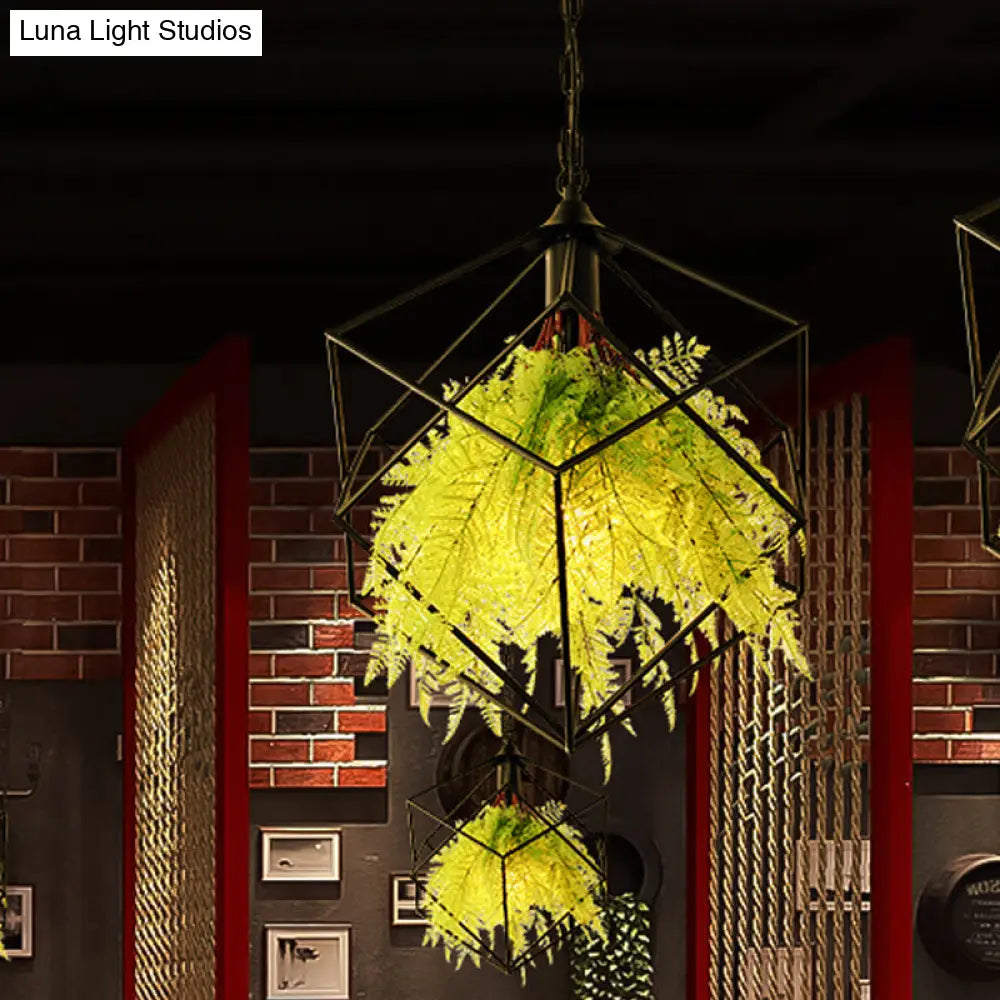 Black Metal Geometric Plant Hanging Pendant With Led Light Ideal For Restaurants - 1 Bulb
