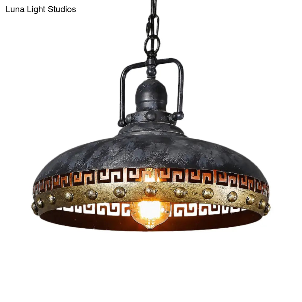Antiqued Bowl Down Lighting Hanging Lamp Kit - Black 1-Light Metal With Rotatable Handle