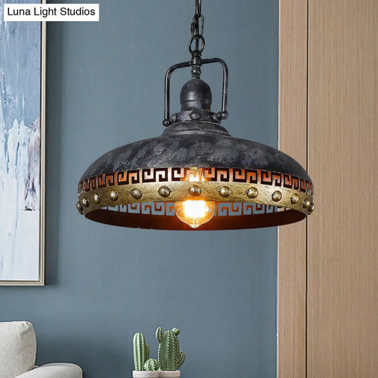 Antiqued Bowl Down Lighting Hanging Lamp Kit - Black 1-Light Metal With Rotatable Handle
