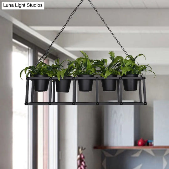 Black Metal Industrial Rectangle Island Light Fixture - 2/3/5 Bulbs Led Lamp With Plant Decor 5 /