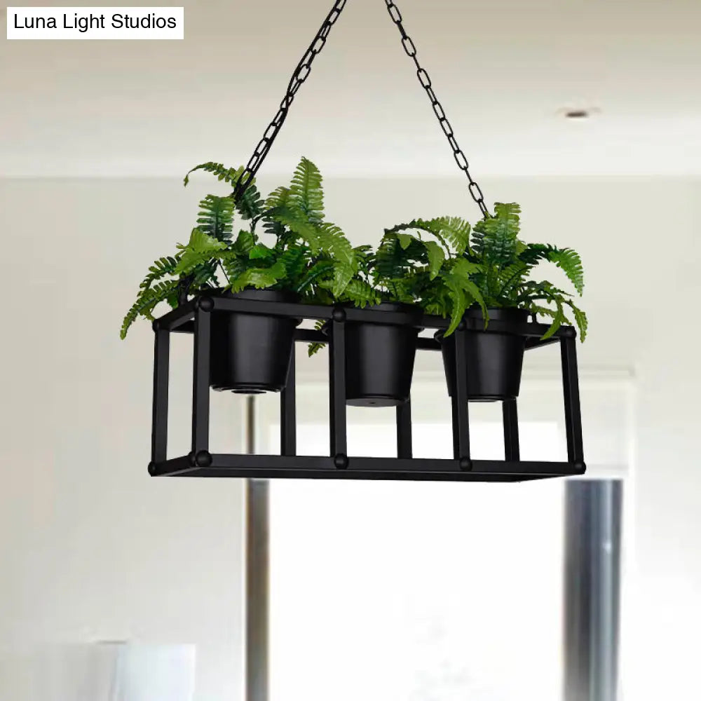 Black Metal Industrial Rectangle Island Light Fixture - 2/3/5 Bulbs Led Lamp With Plant Decor 3 /